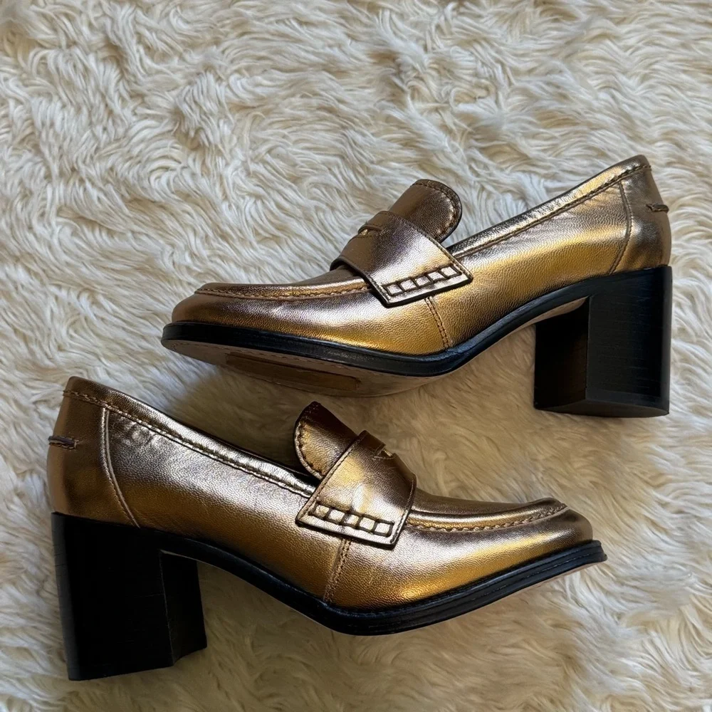 Veronica Beard Penny Block Heel Pump in Dark Gold Leather - Size 6.5 - Picture 3 of 8